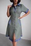 Yeşil Denim Garnili Düğmeli Tensel Dokuma Elbise BCHN-2526114