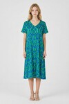 Yeşil Mavi Desenli V Yaka Midi Boy Elbise